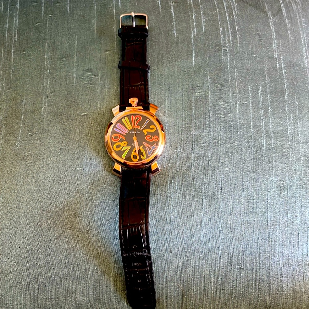 Strada black leather watch with Alison Wonderland style numbers